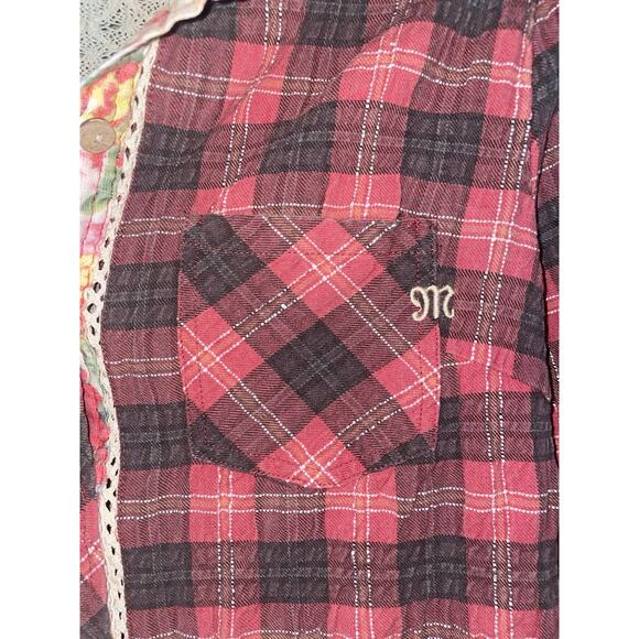 Women’s Miss Me Sheer Floral Back Plaid Flannel With Lace Accents Sz Small - Picture 4 of 6